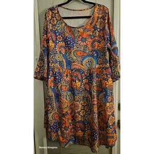 Boho Paisley Print Dress XL Vibrant Orange & Blue 100% Polyester Long Sleeve